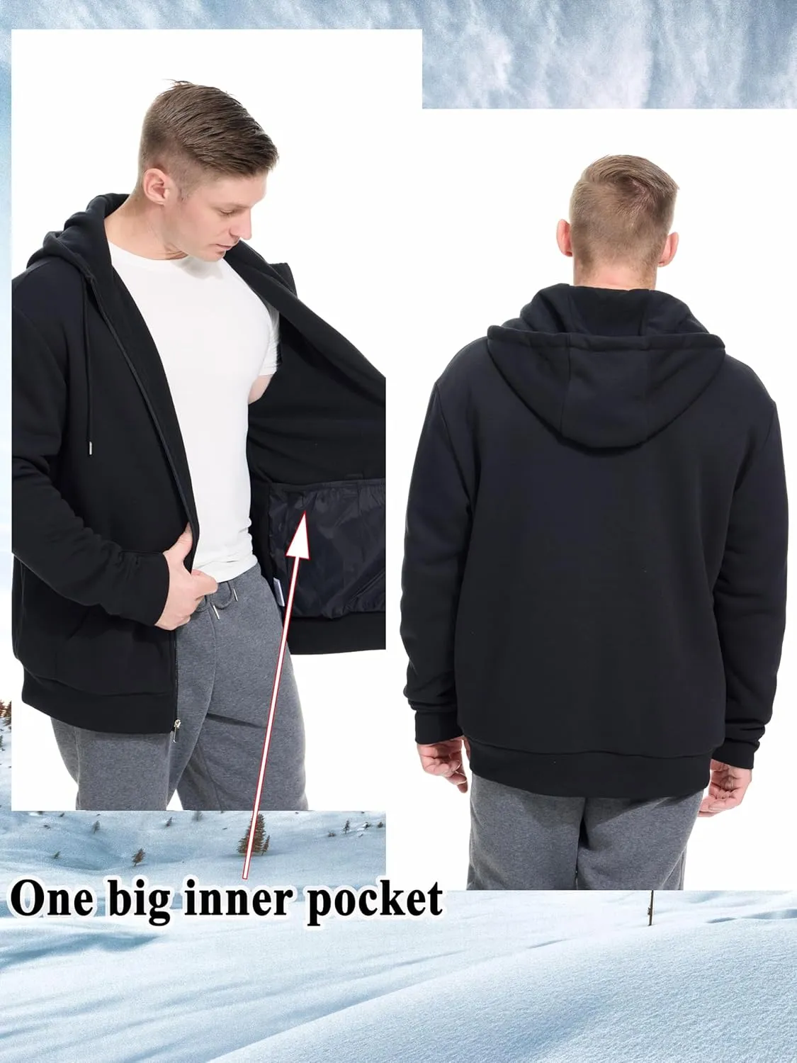 Men's Cotton Sweatshirt Heavyweight Fleece Hoodie Outerwear Warm Lined Coat Pocket Zip Up Jacket
