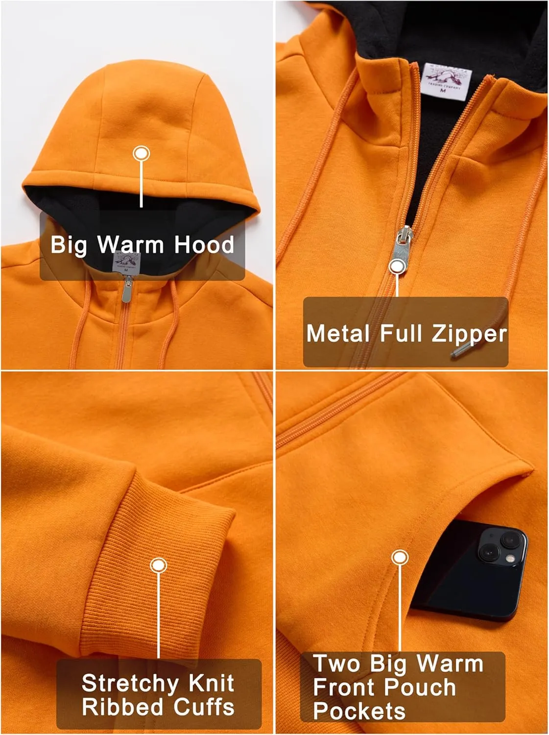 Men's Cotton Sweatshirt Heavyweight Fleece Hoodie Outerwear Warm Lined Coat Pocket Zip Up Jacket