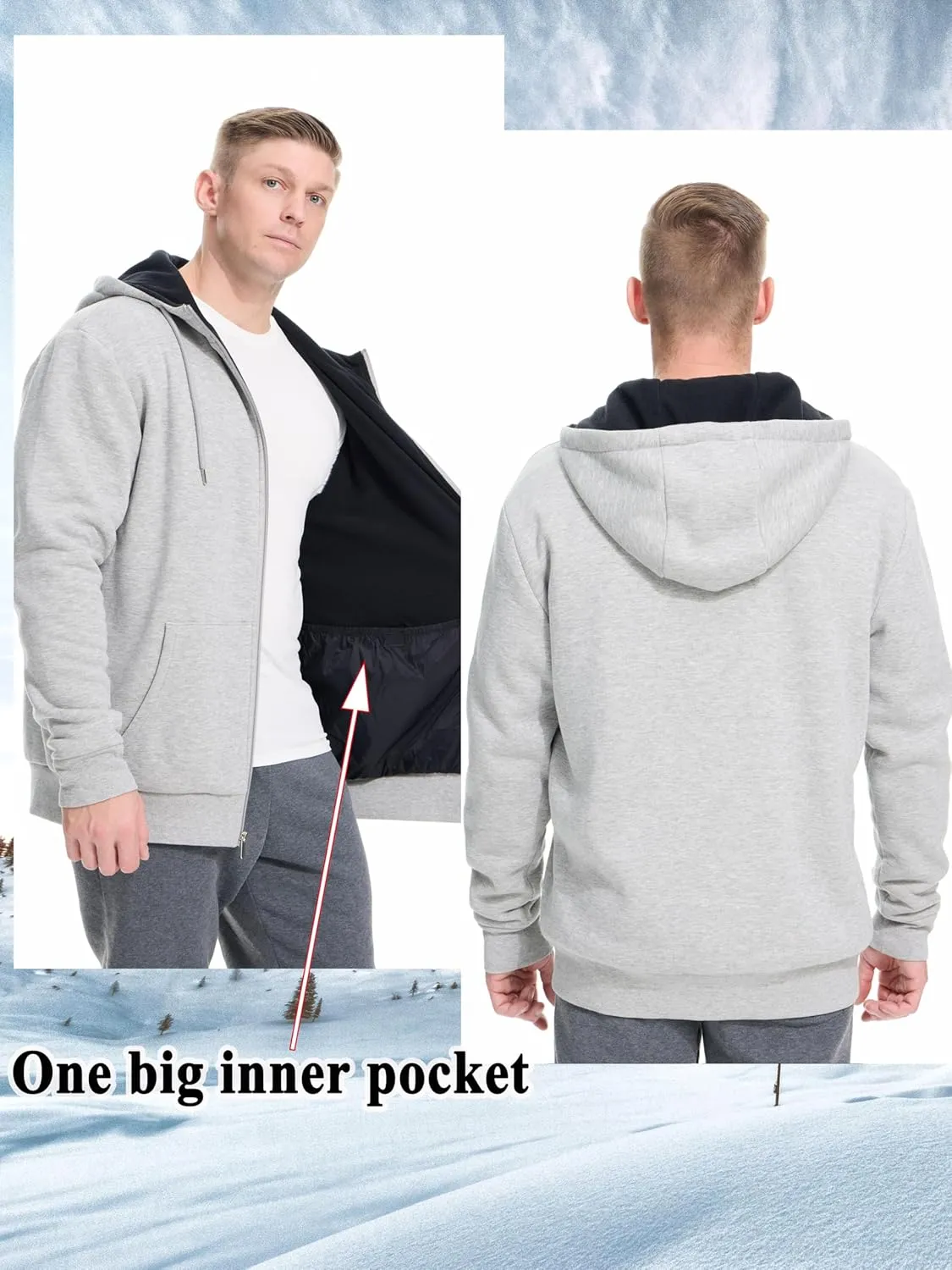 Men's Cotton Sweatshirt Heavyweight Fleece Hoodie Outerwear Warm Lined Coat Pocket Zip Up Jacket