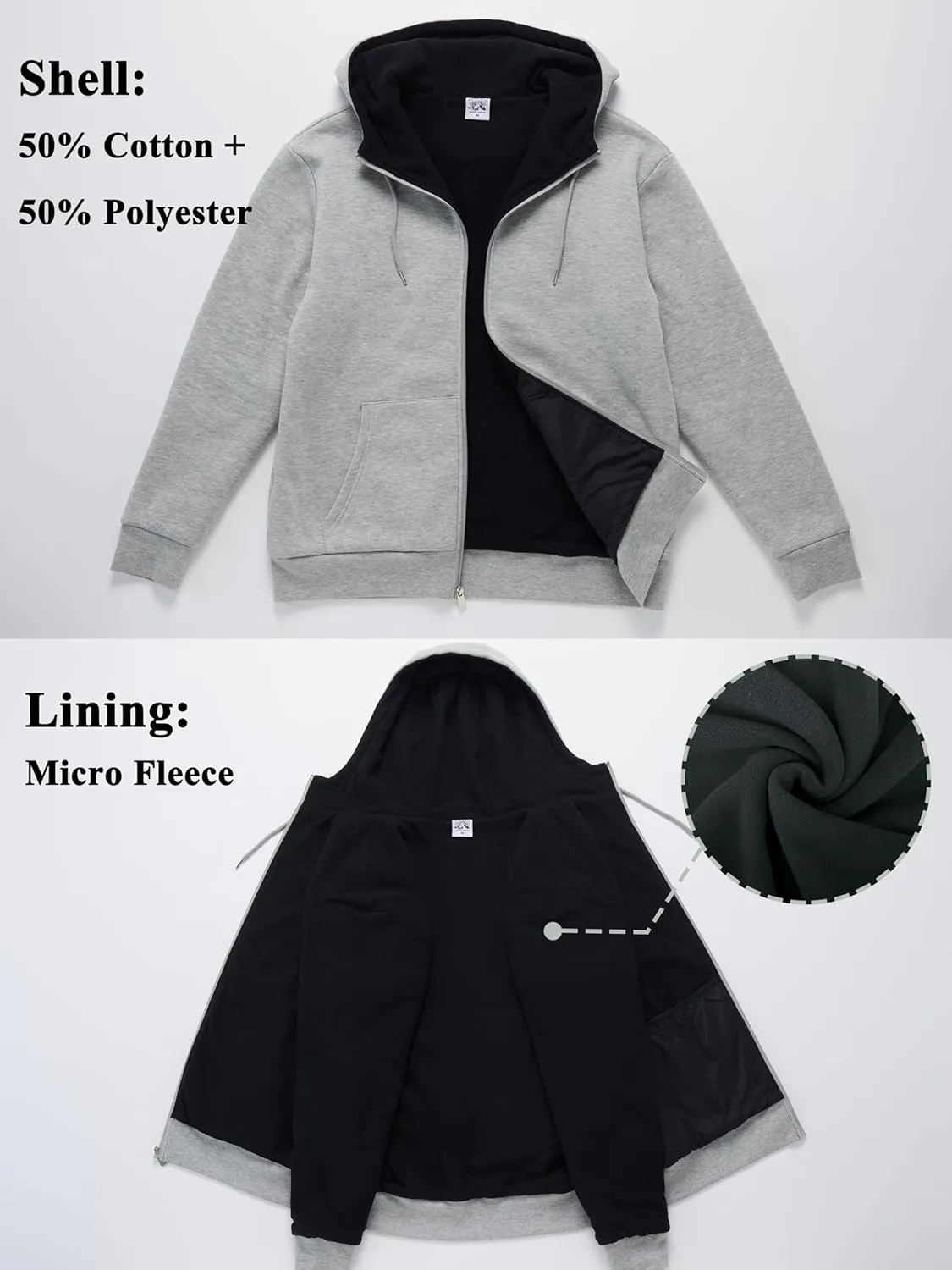 Men's Cotton Sweatshirt Heavyweight Fleece Hoodie Outerwear Warm Lined Coat Pocket Zip Up Jacket
