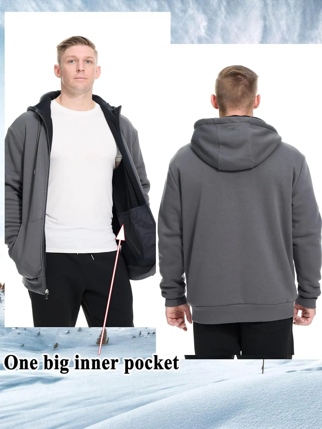 Men's Cotton Sweatshirt Heavyweight Fleece Hoodie Outerwear Warm Lined Coat Pocket Zip Up Jacket