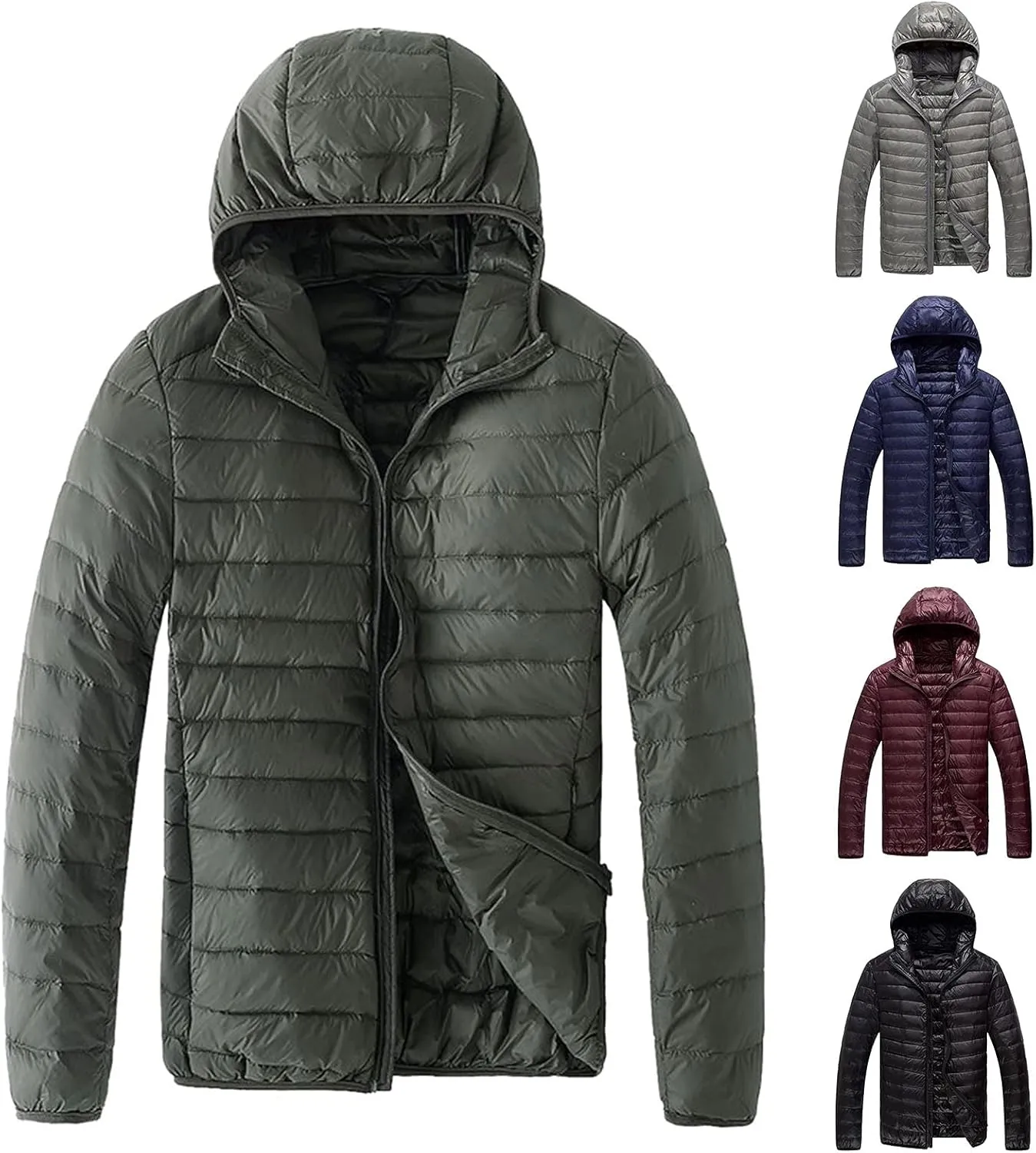 Mens Down Jacket Hooded Lightweight Packable Long Sleeve Zip Puffer Jacket Winter Padded Bubble Outwear Warm Coat