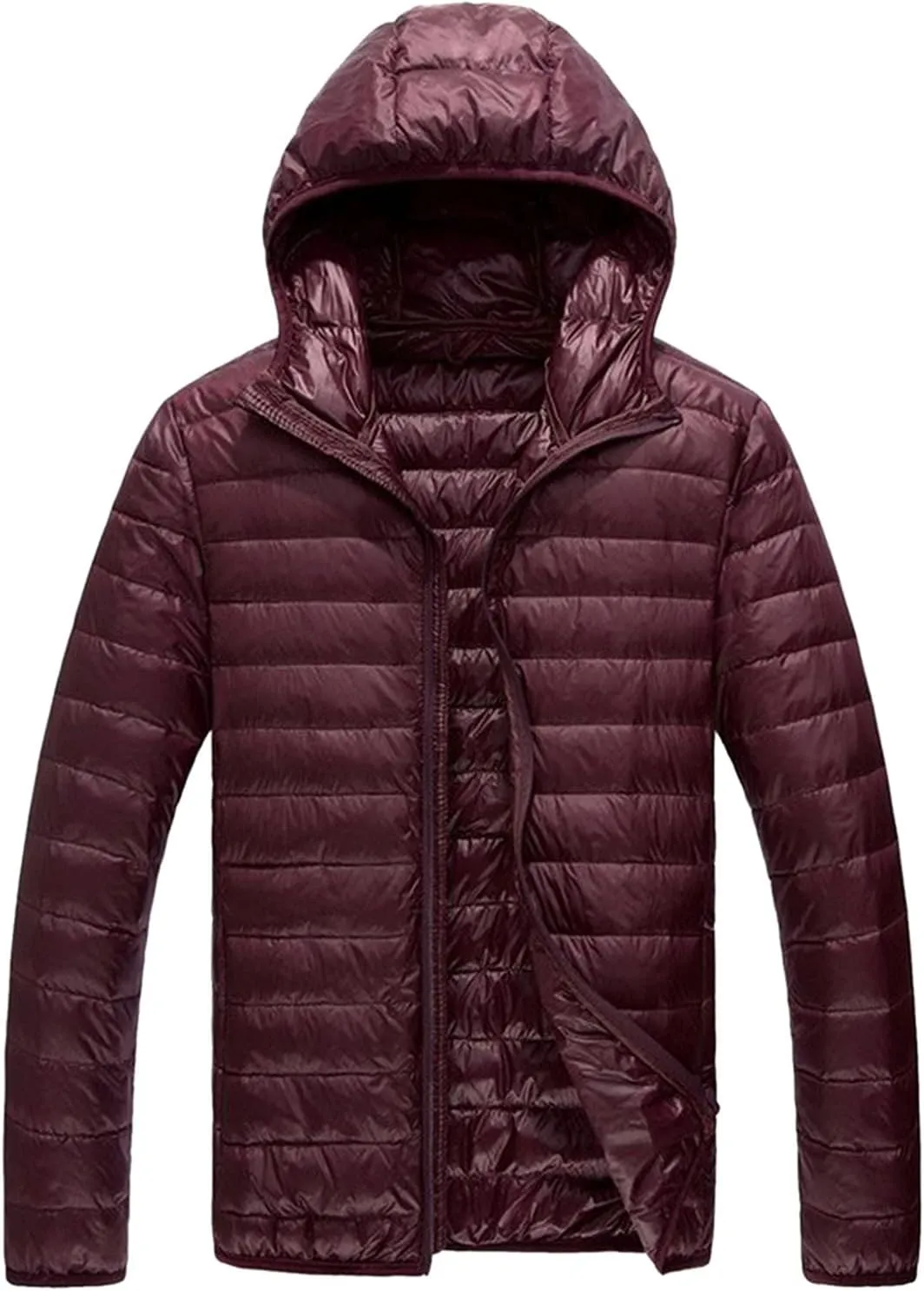 Mens Down Jacket Hooded Lightweight Packable Long Sleeve Zip Puffer Jacket Winter Padded Bubble Outwear Warm Coat
