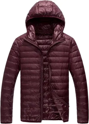 Mens Down Jacket Hooded Lightweight Packable Long Sleeve Zip Puffer Jacket Winter Padded Bubble Outwear Warm Coat
