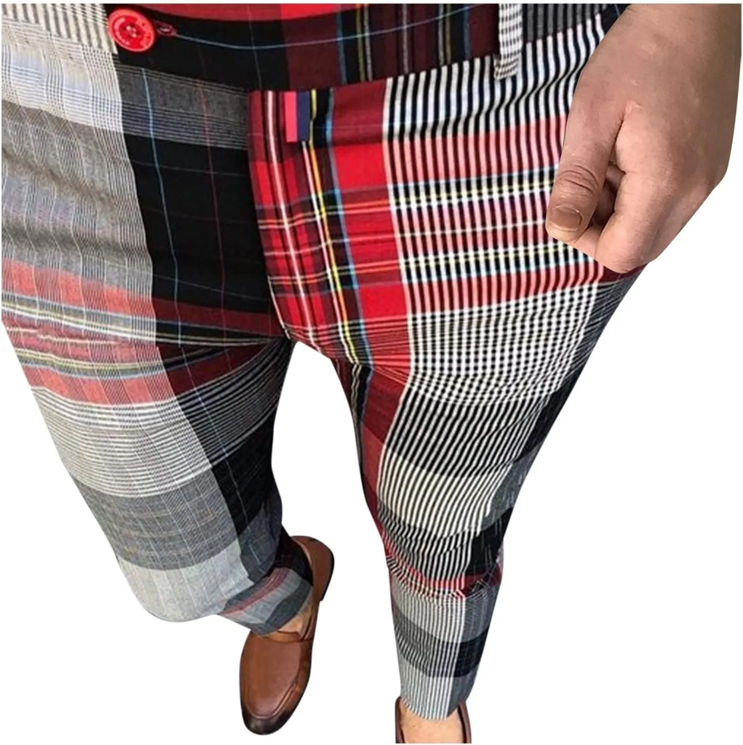 Mens Fashion Plaid Stretch Dress Pants Business Straight Leg Slim Fit Flat-Front Chino Pant Checkered Work Suit Pants