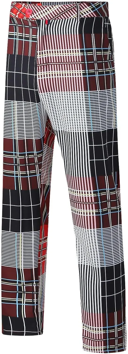 Mens Fashion Plaid Stretch Dress Pants Business Straight Leg Slim Fit Flat-Front Chino Pant Checkered Work Suit Pants