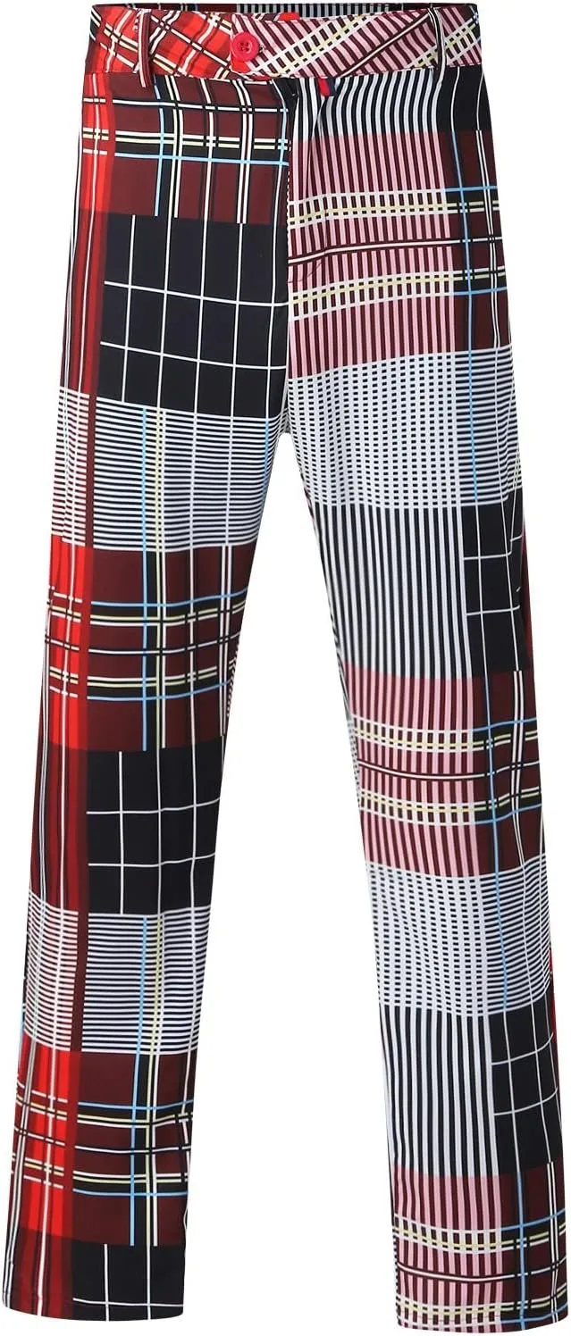 Mens Fashion Plaid Stretch Dress Pants Business Straight Leg Slim Fit Flat-Front Chino Pant Checkered Work Suit Pants
