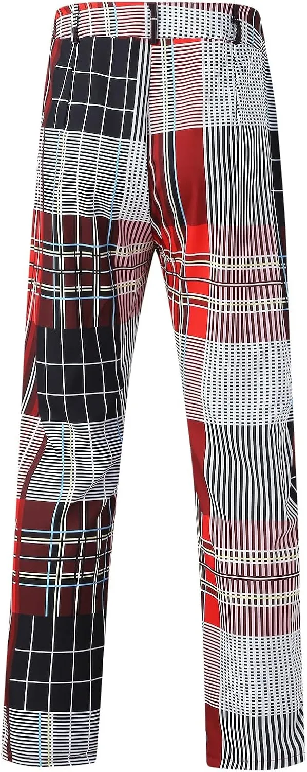 Mens Fashion Plaid Stretch Dress Pants Business Straight Leg Slim Fit Flat-Front Chino Pant Checkered Work Suit Pants