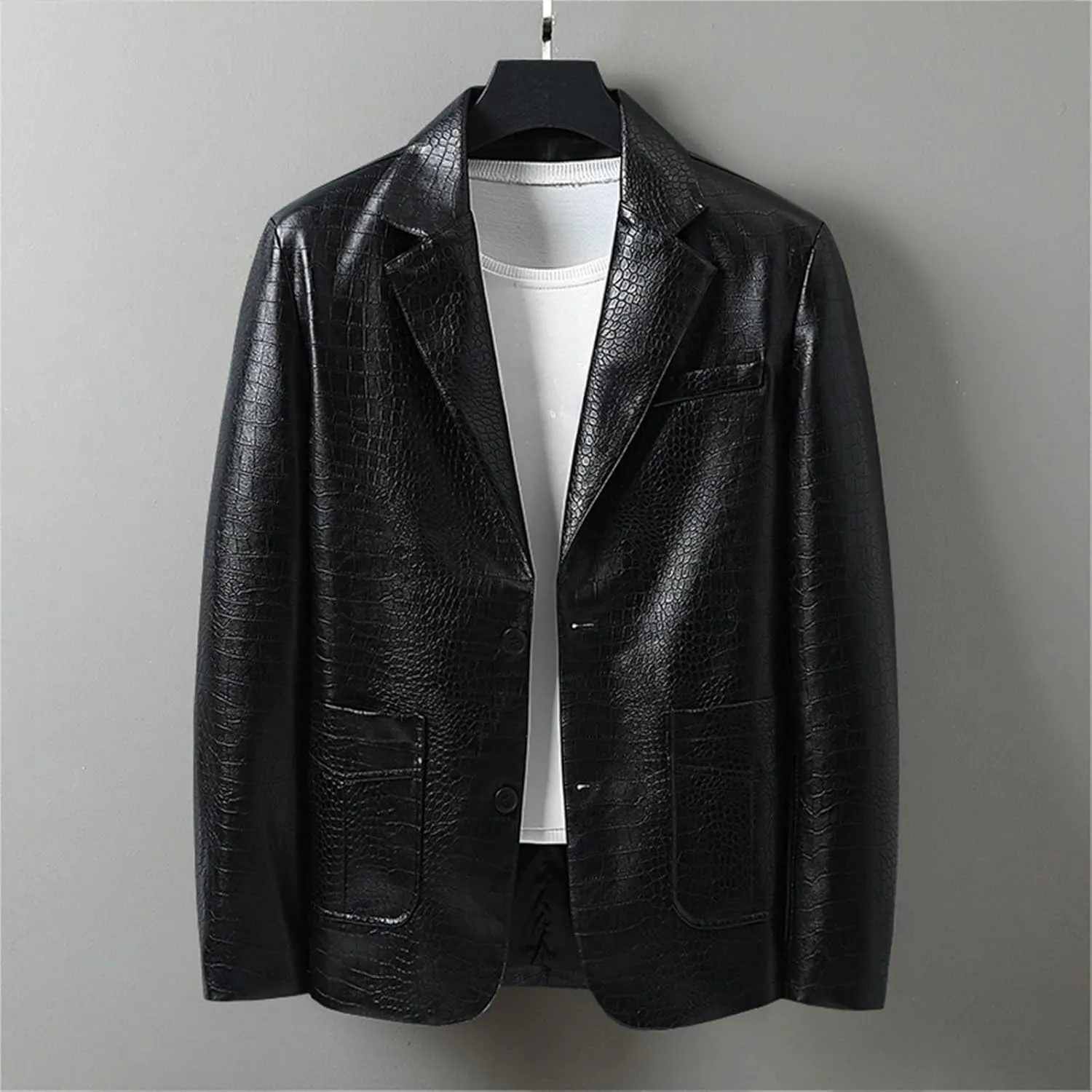 Mens Faux Leather Blazer Jackets Slim Fit Suit Jacket Casual Button Coat 2024 Lightweight Lapel Outerwear Windbreaker