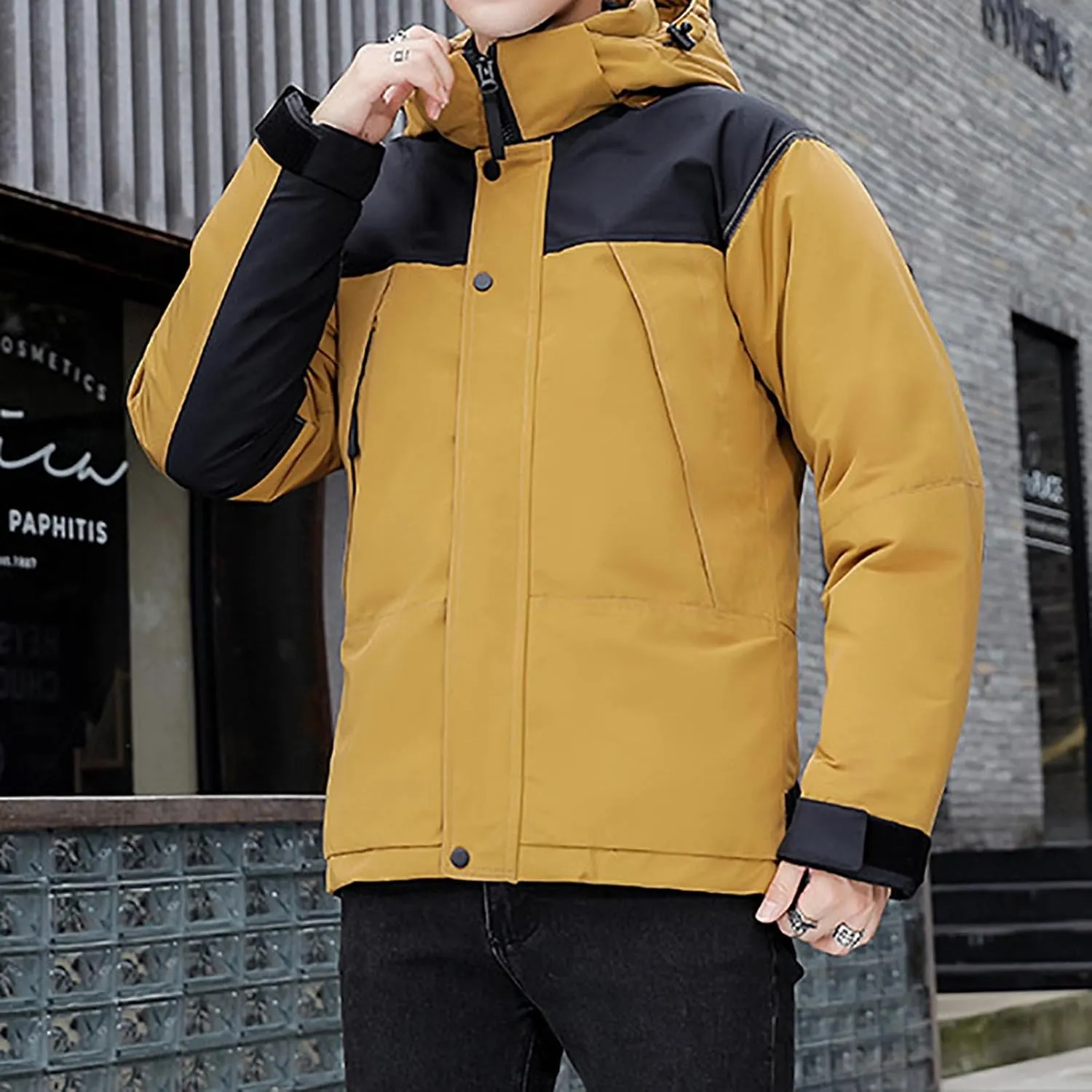Mens Hooded Outdoor Jacket High Collar Two Color Splicin Cotton Padded Coat Detachable Hat Long Sleeve Jacket