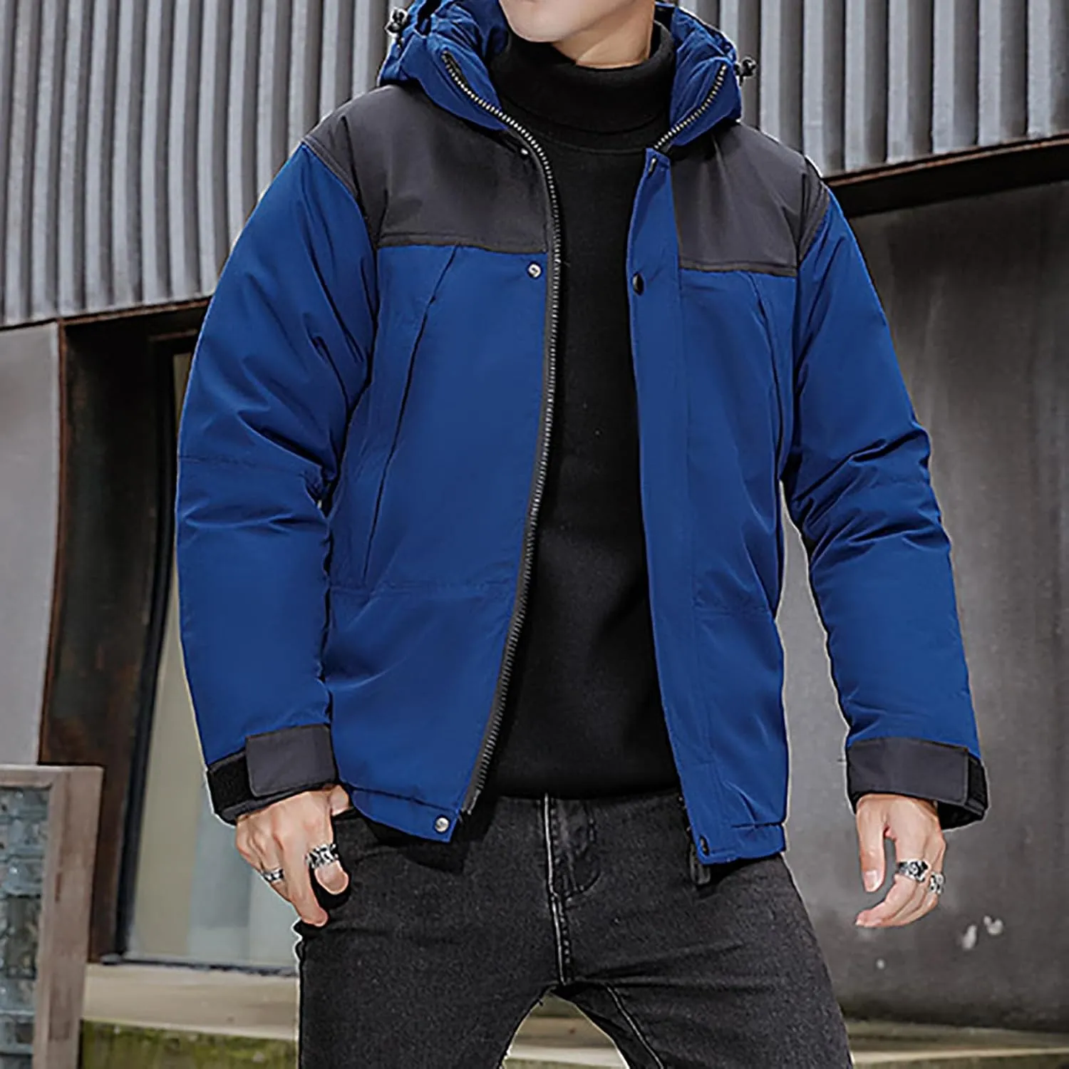 Mens Hooded Outdoor Jacket High Collar Two Color Splicin Cotton Padded Coat Detachable Hat Long Sleeve Jacket
