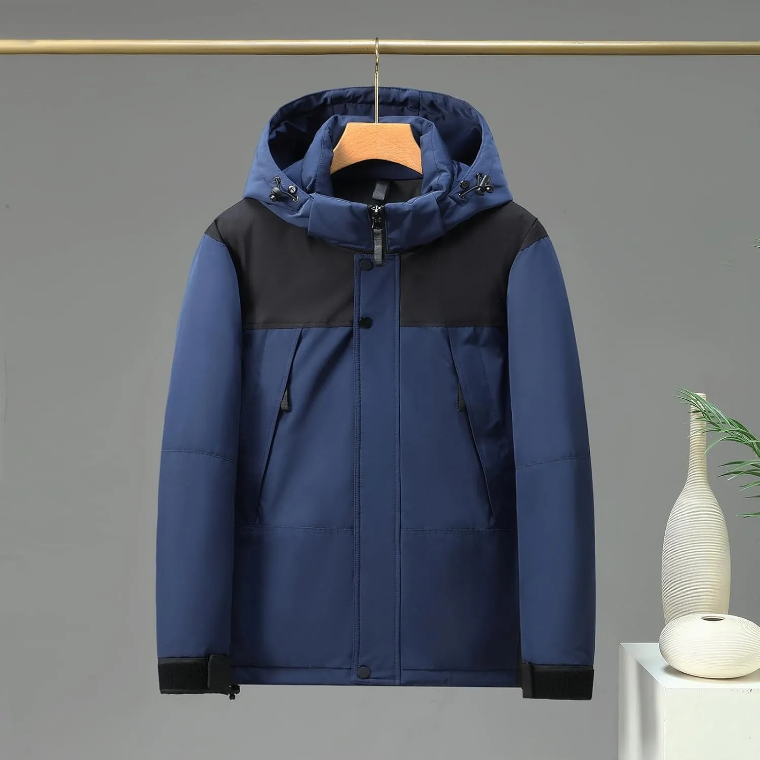 Mens Hooded Outdoor Jacket High Collar Two Color Splicin Cotton Padded Coat Detachable Hat Long Sleeve Jacket