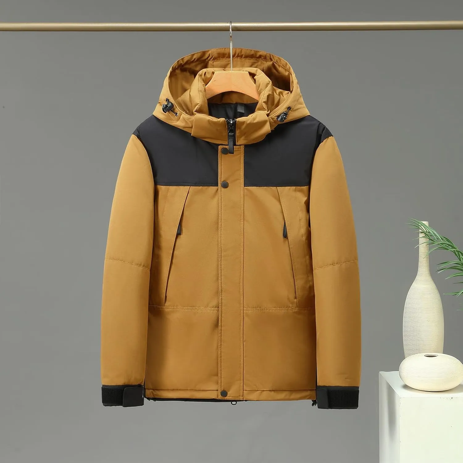 Mens Hooded Outdoor Jacket High Collar Two Color Splicin Cotton Padded Coat Detachable Hat Long Sleeve Jacket