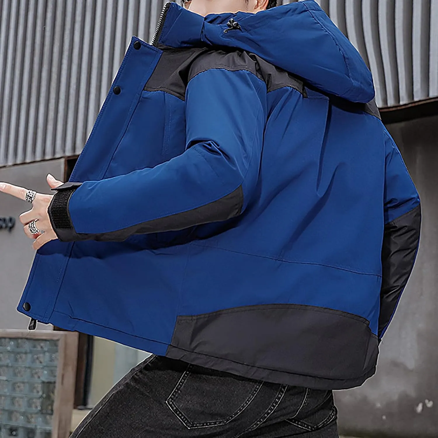 Mens Hooded Outdoor Jacket High Collar Two Color Splicin Cotton Padded Coat Detachable Hat Long Sleeve Jacket