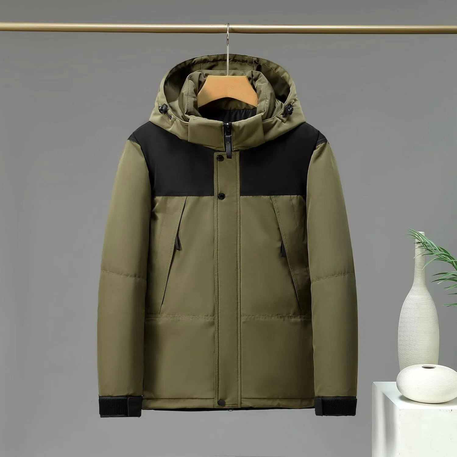 Mens Hooded Outdoor Jacket High Collar Two Color Splicin Cotton Padded Coat Detachable Hat Long Sleeve Jacket