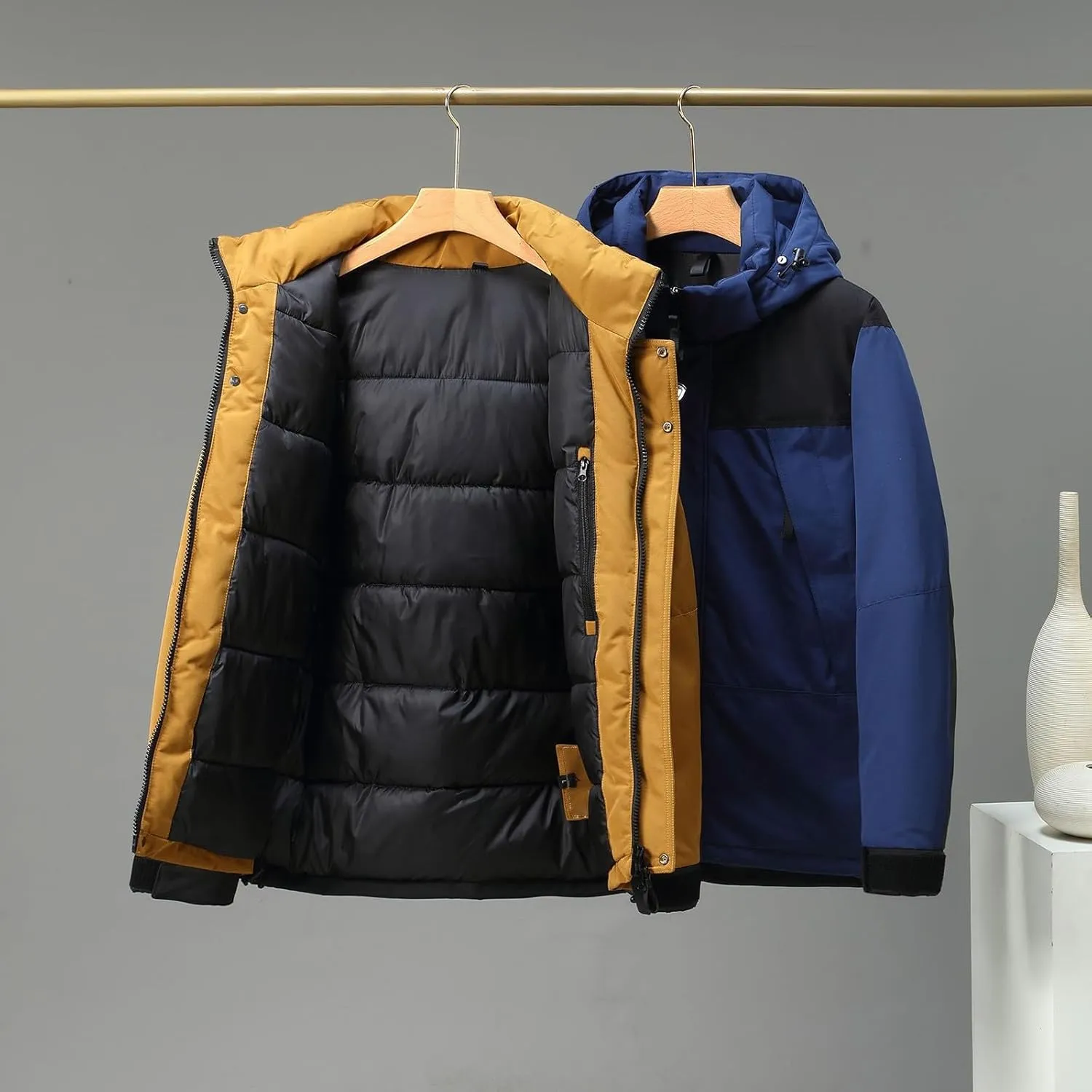 Mens Hooded Outdoor Jacket High Collar Two Color Splicin Cotton Padded Coat Detachable Hat Long Sleeve Jacket