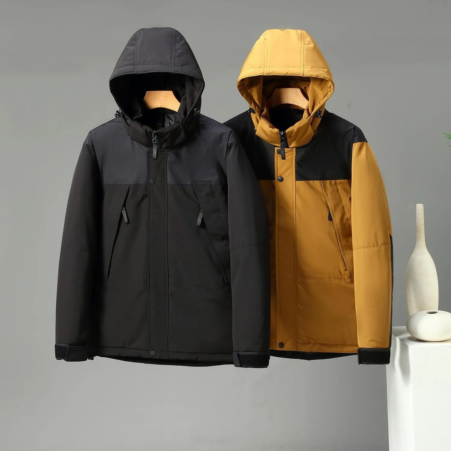 Mens Hooded Outdoor Jacket High Collar Two Color Splicin Cotton Padded Coat Detachable Hat Long Sleeve Jacket