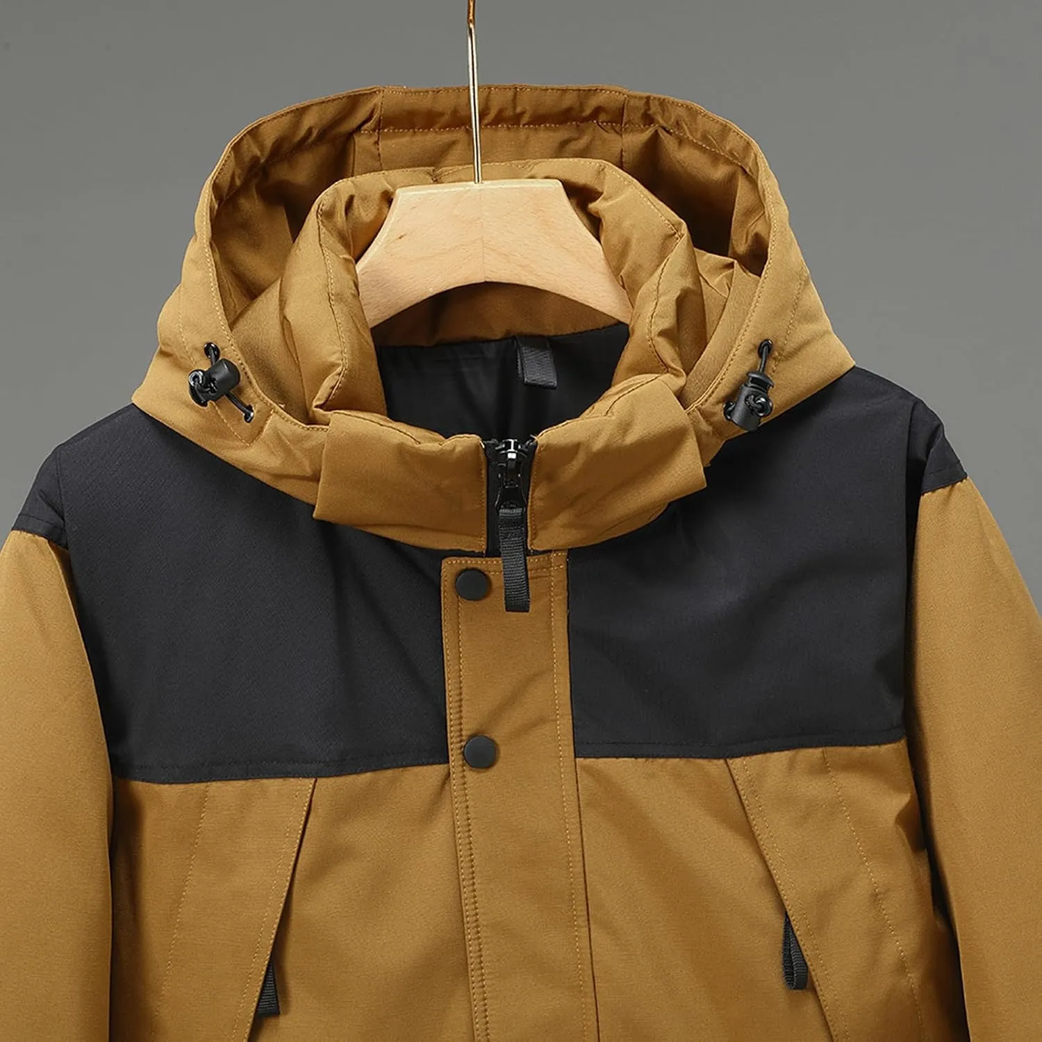 Mens Hooded Outdoor Jacket High Collar Two Color Splicin Cotton Padded Coat Detachable Hat Long Sleeve Jacket