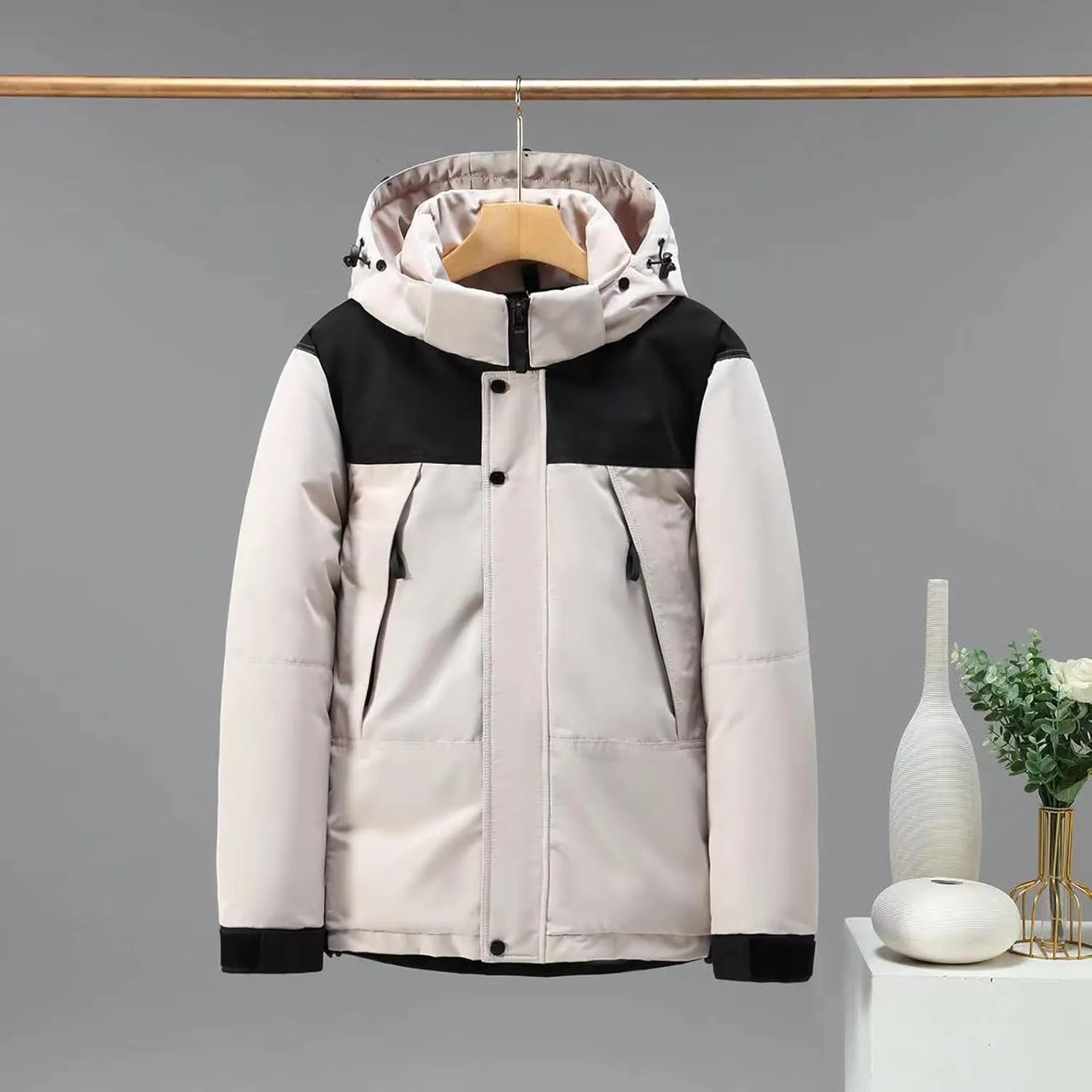 Mens Hooded Outdoor Jacket High Collar Two Color Splicin Cotton Padded Coat Detachable Hat Long Sleeve Jacket