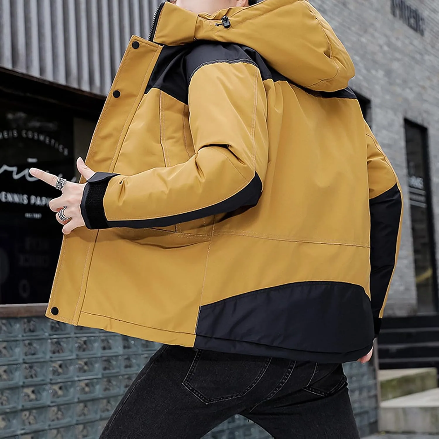 Mens Hooded Outdoor Jacket High Collar Two Color Splicin Cotton Padded Coat Detachable Hat Long Sleeve Jacket