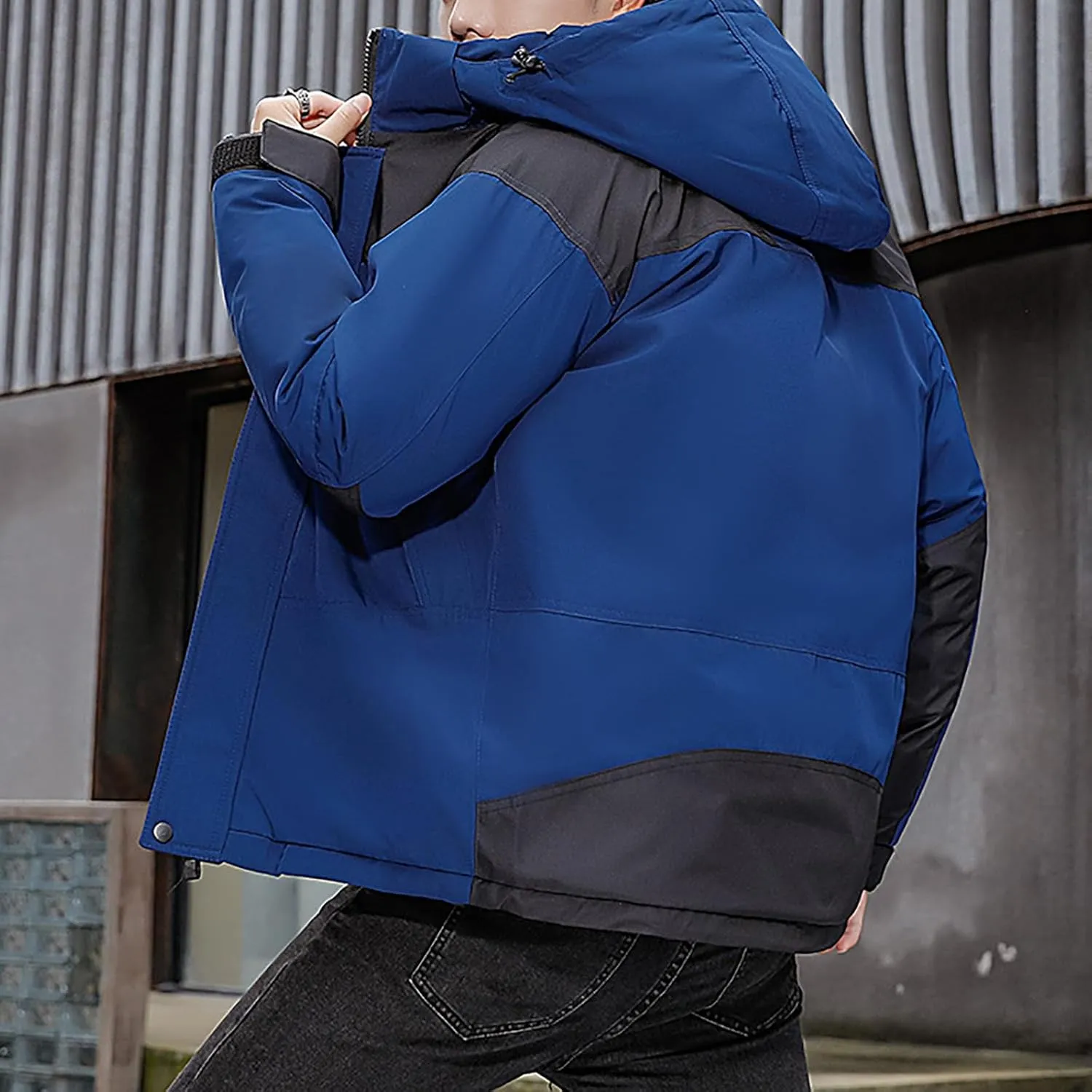Mens Hooded Outdoor Jacket High Collar Two Color Splicin Cotton Padded Coat Detachable Hat Long Sleeve Jacket