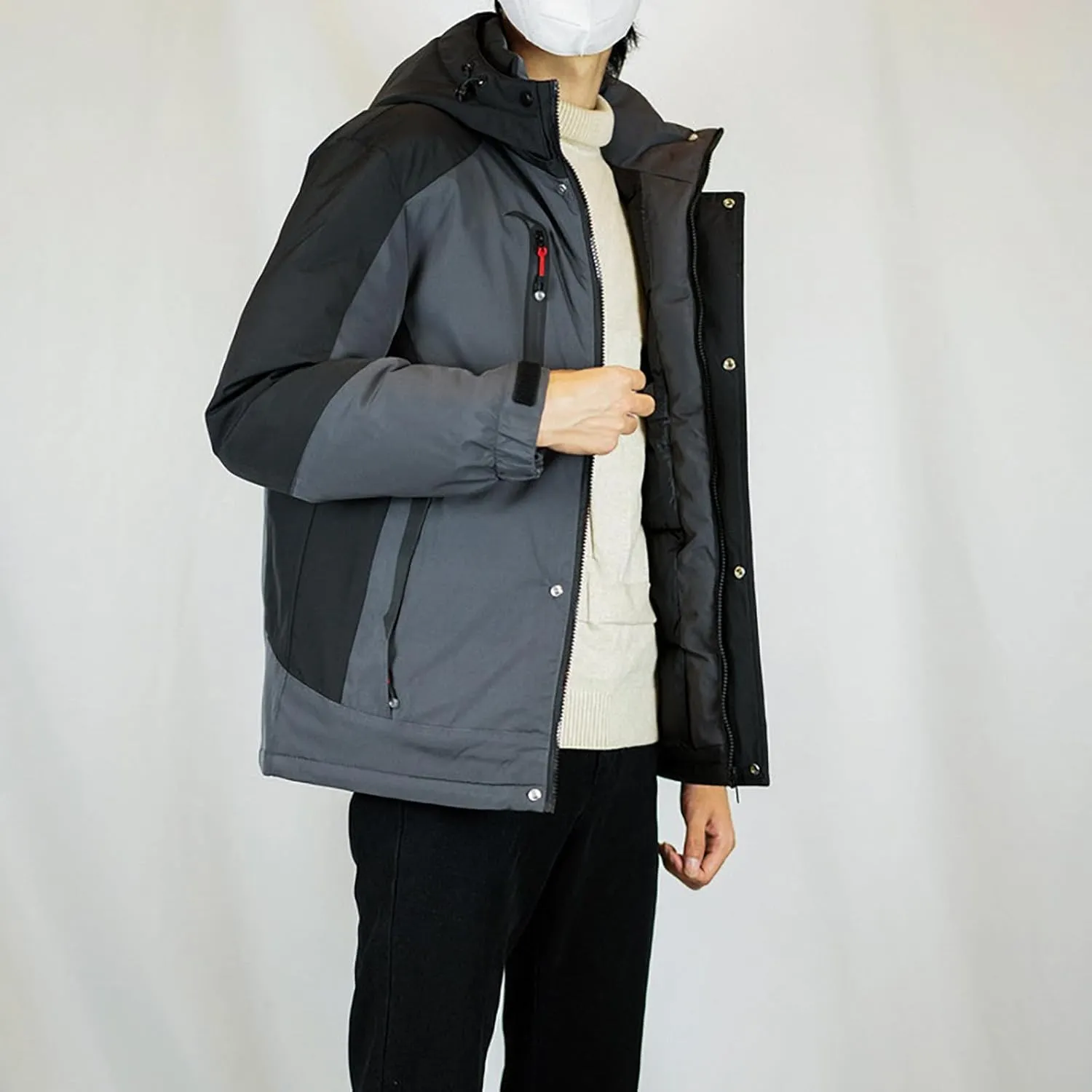 Mens Hooded Outdoor Jacket Two Color Splicing Cotton Padded Coat Detachable Hat Long Sleeve Fleece Long Jacket