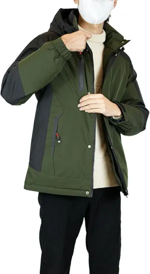 Mens Hooded Outdoor Jacket Two Color Splicing Cotton Padded Coat Detachable Hat Long Sleeve Fleece Long Jacket