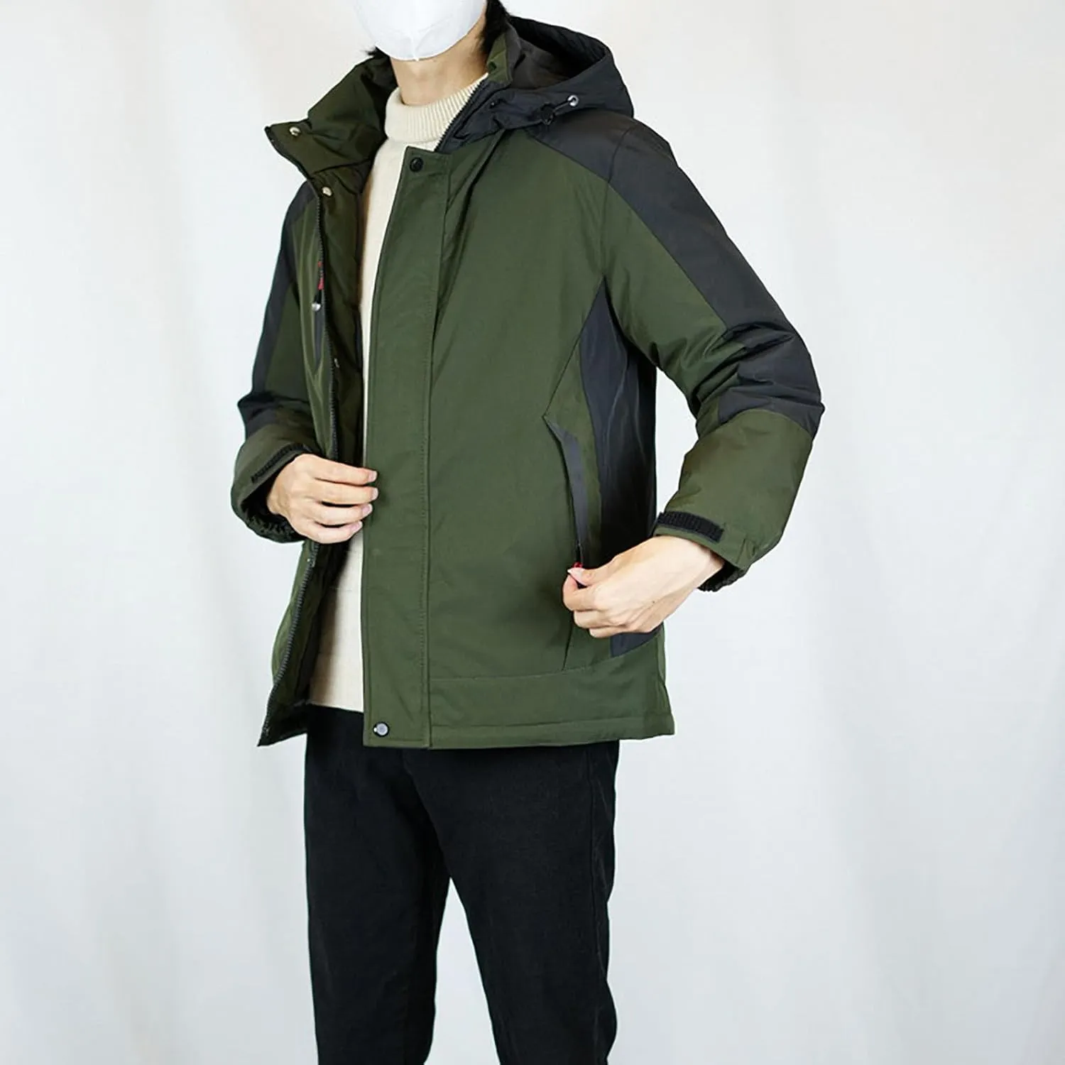 Mens Hooded Outdoor Jacket Two Color Splicing Cotton Padded Coat Detachable Hat Long Sleeve Fleece Long Jacket