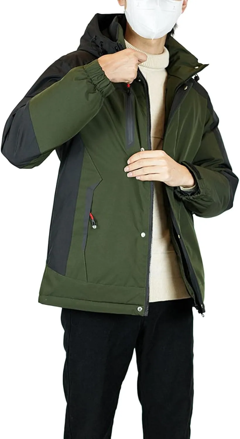 Mens Hooded Outdoor Jacket Two Color Splicing Cotton Padded Coat Detachable Hat Long Sleeve Fleece Long Jacket