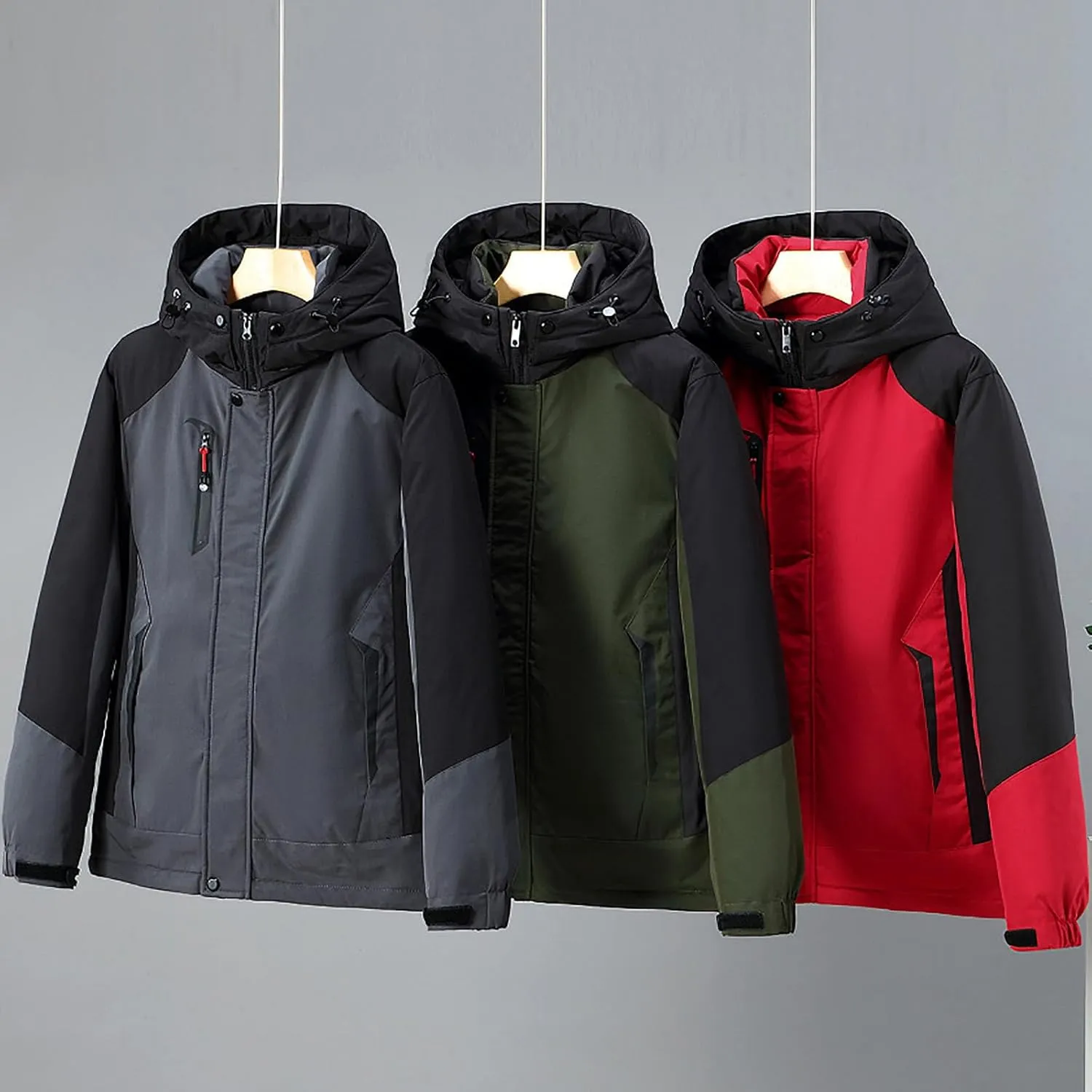 Mens Hooded Outdoor Jacket Two Color Splicing Cotton Padded Coat Detachable Hat Long Sleeve Fleece Long Jacket
