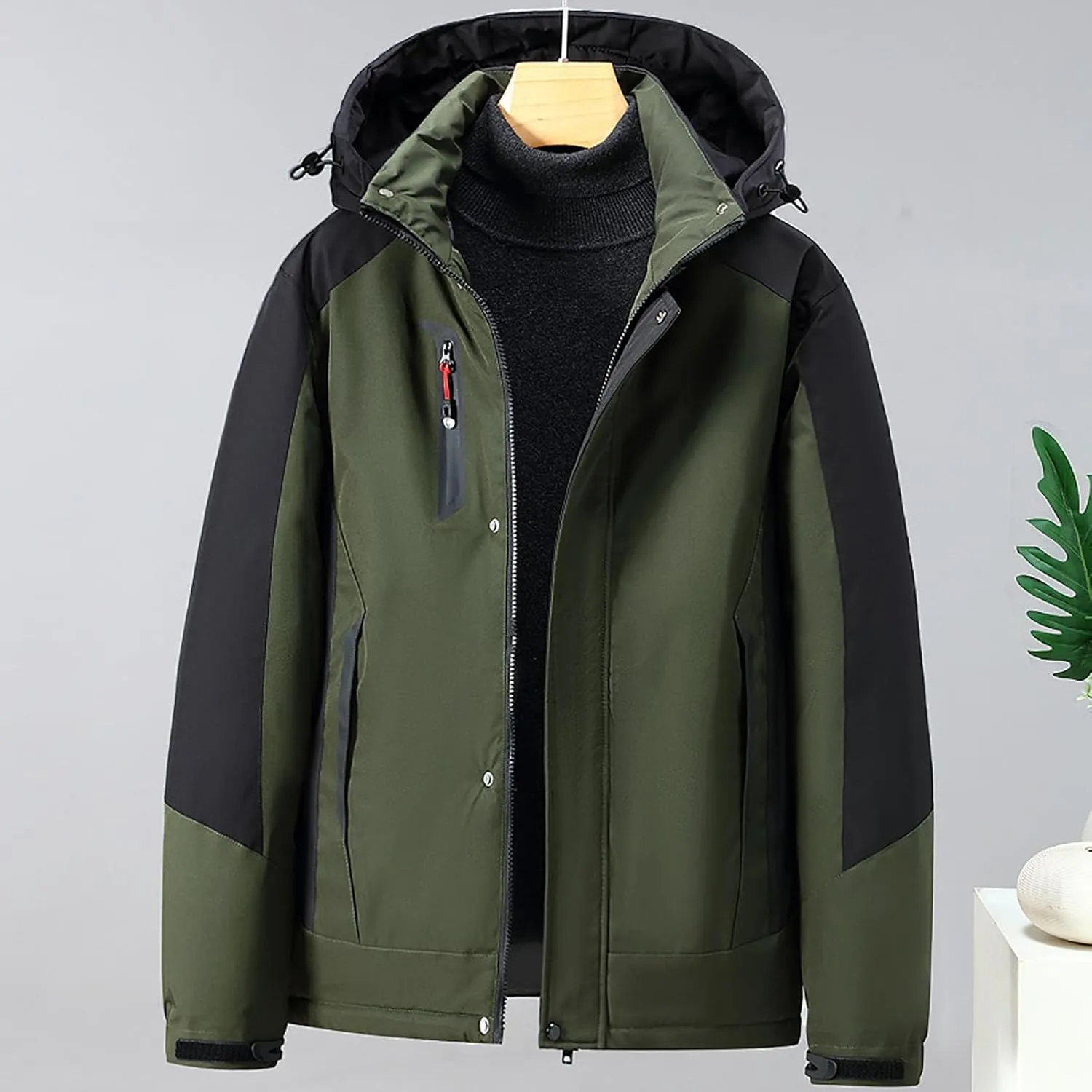 Mens Hooded Outdoor Jacket Two Color Splicing Cotton Padded Coat Detachable Hat Long Sleeve Fleece Long Jacket