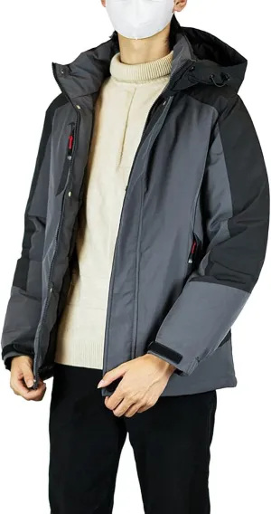 Mens Hooded Outdoor Jacket Two Color Splicing Cotton Padded Coat Detachable Hat Long Sleeve Fleece Long Jacket