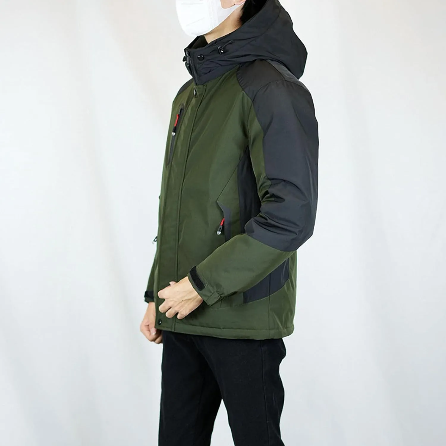 Mens Hooded Outdoor Jacket Two Color Splicing Cotton Padded Coat Detachable Hat Long Sleeve Fleece Long Jacket