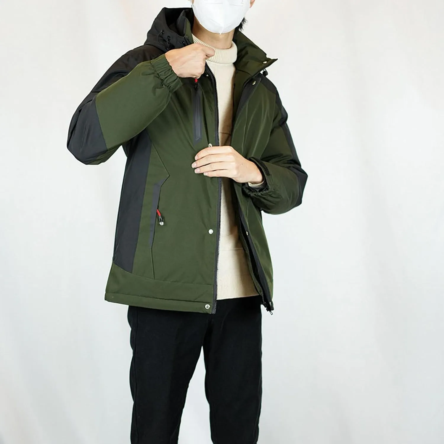 Mens Hooded Outdoor Jacket Two Color Splicing Cotton Padded Coat Detachable Hat Long Sleeve Fleece Long Jacket