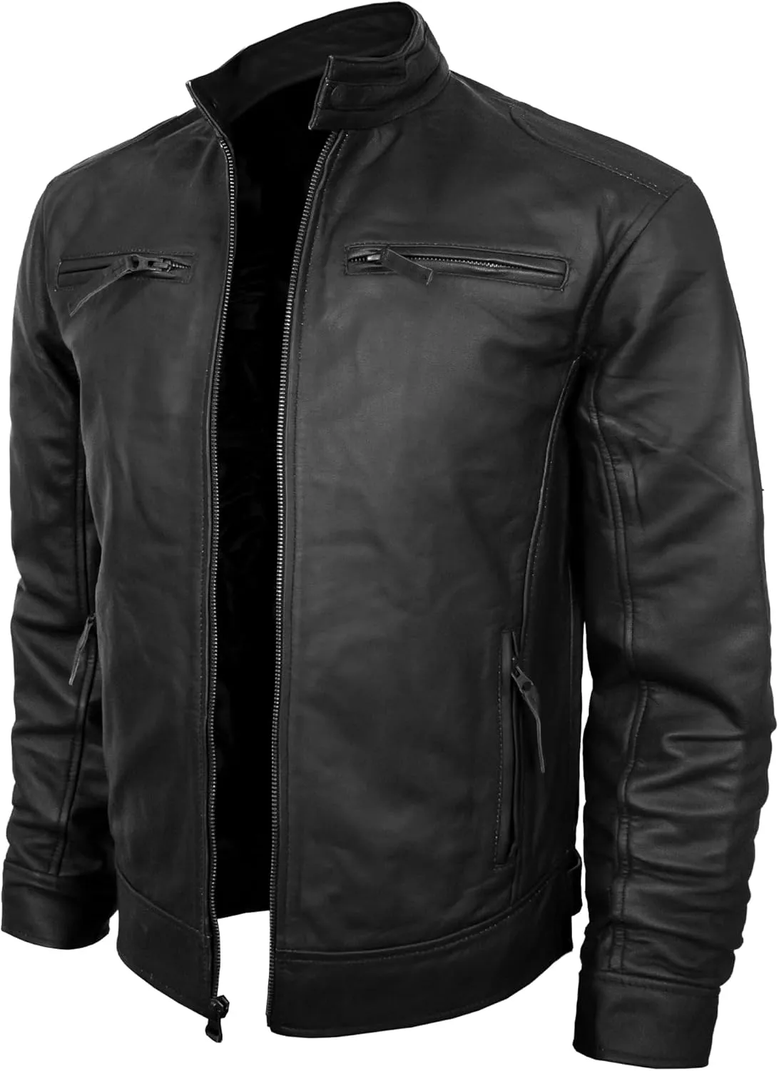 Mens Leather Jacket - Cafe Racer Style Real Lambskin Leather Jacket Men Soft Leather Jacket