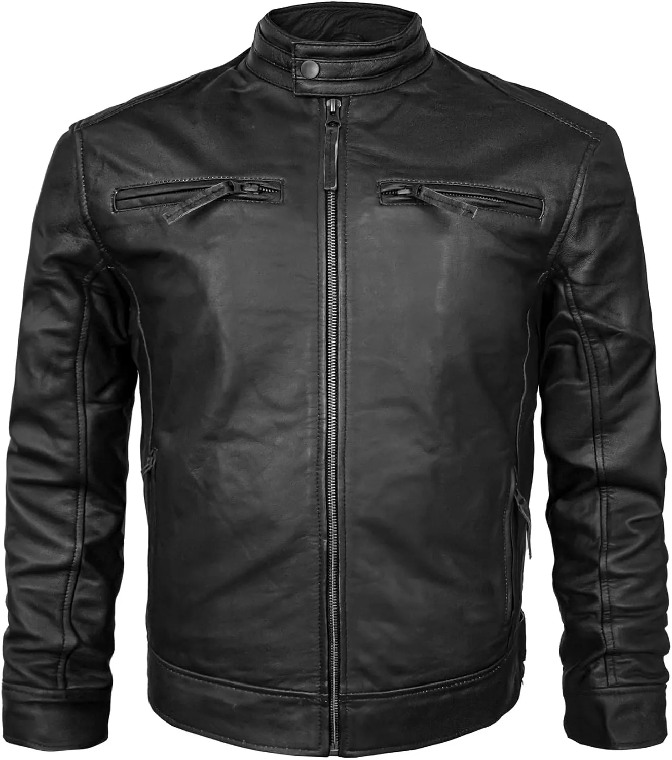Mens Leather Jacket - Cafe Racer Style Real Lambskin Leather Jacket Men Soft Leather Jacket