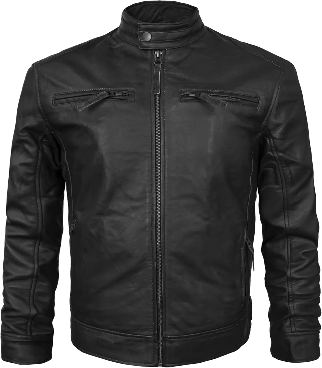 Mens Leather Jacket - Cafe Racer Style Real Lambskin Leather Jacket Men Soft Leather Jacket