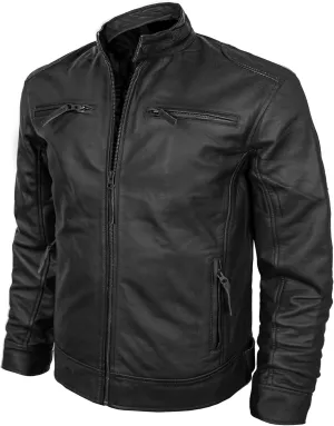 Mens Leather Jacket - Cafe Racer Style Real Lambskin Leather Jacket Men Soft Leather Jacket