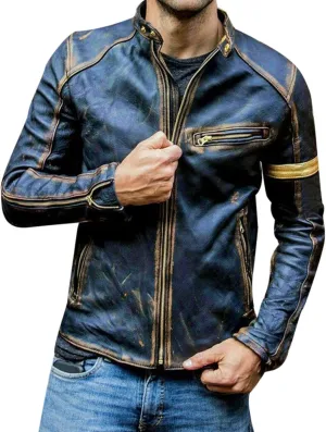 Men's Leather Jacket Stand Collar Punk Biker Leather Jacket Leather Hooded Jacket (Blue, L)