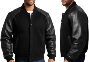 Mens Leather Sleeve Varsity Jacket  80oz Wool Bomber Letterman Jacket  Stealth Sporty Look, Rib-Knit Cuffs & Collar