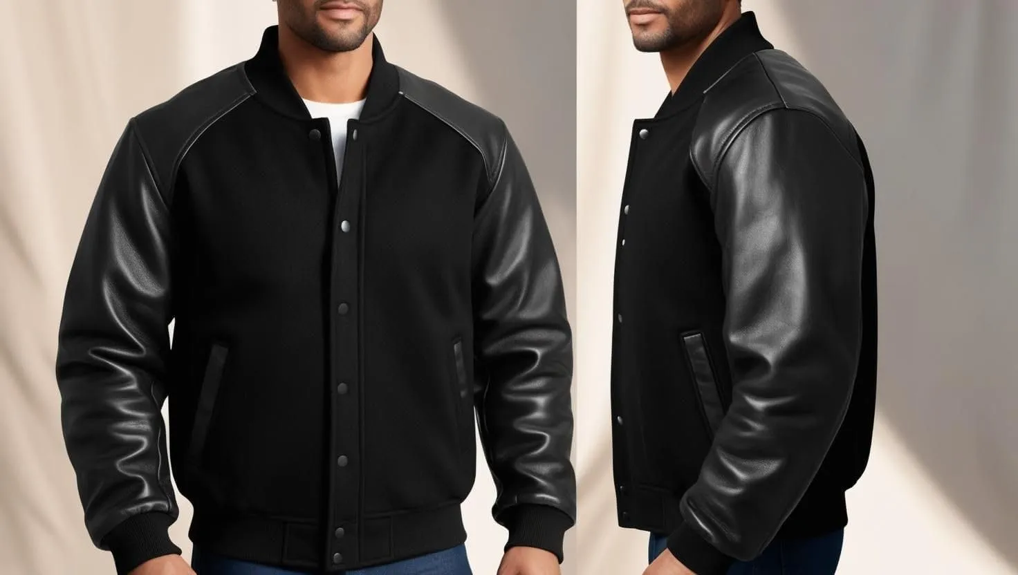 Mens Leather Sleeve Varsity Jacket  80oz Wool Bomber Letterman Jacket  Stealth Sporty Look, Rib-Knit Cuffs & Collar