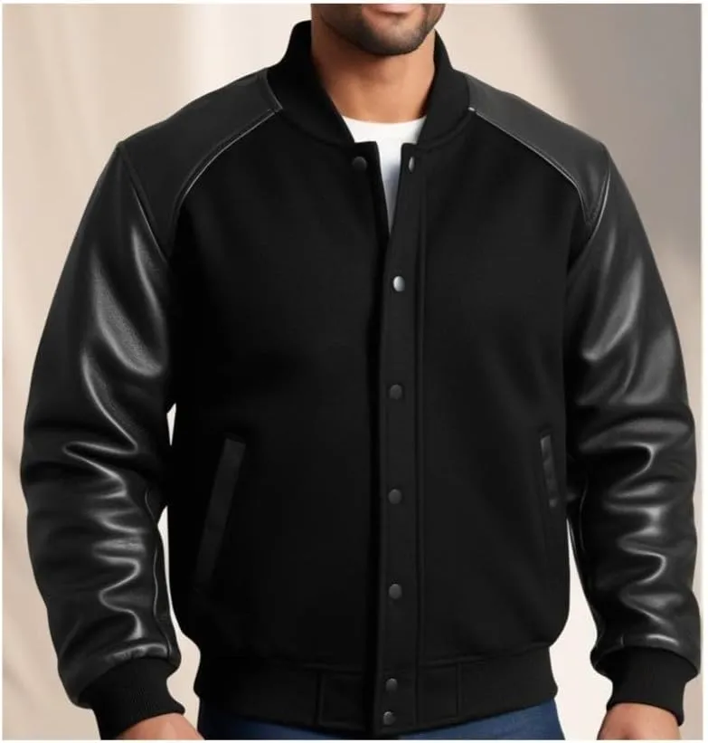 Mens Leather Sleeve Varsity Jacket  80oz Wool Bomber Letterman Jacket  Stealth Sporty Look, Rib-Knit Cuffs & Collar