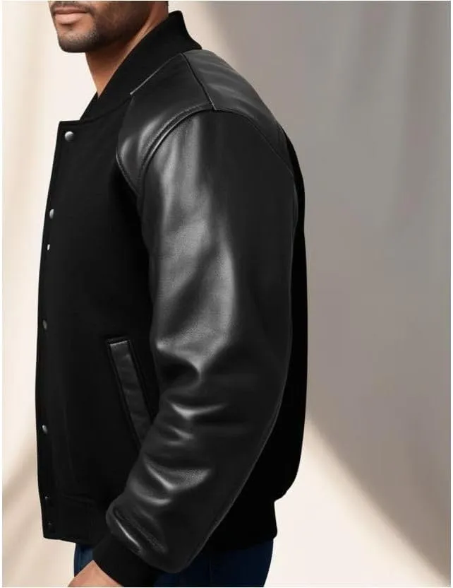 Mens Leather Sleeve Varsity Jacket  80oz Wool Bomber Letterman Jacket  Stealth Sporty Look, Rib-Knit Cuffs & Collar