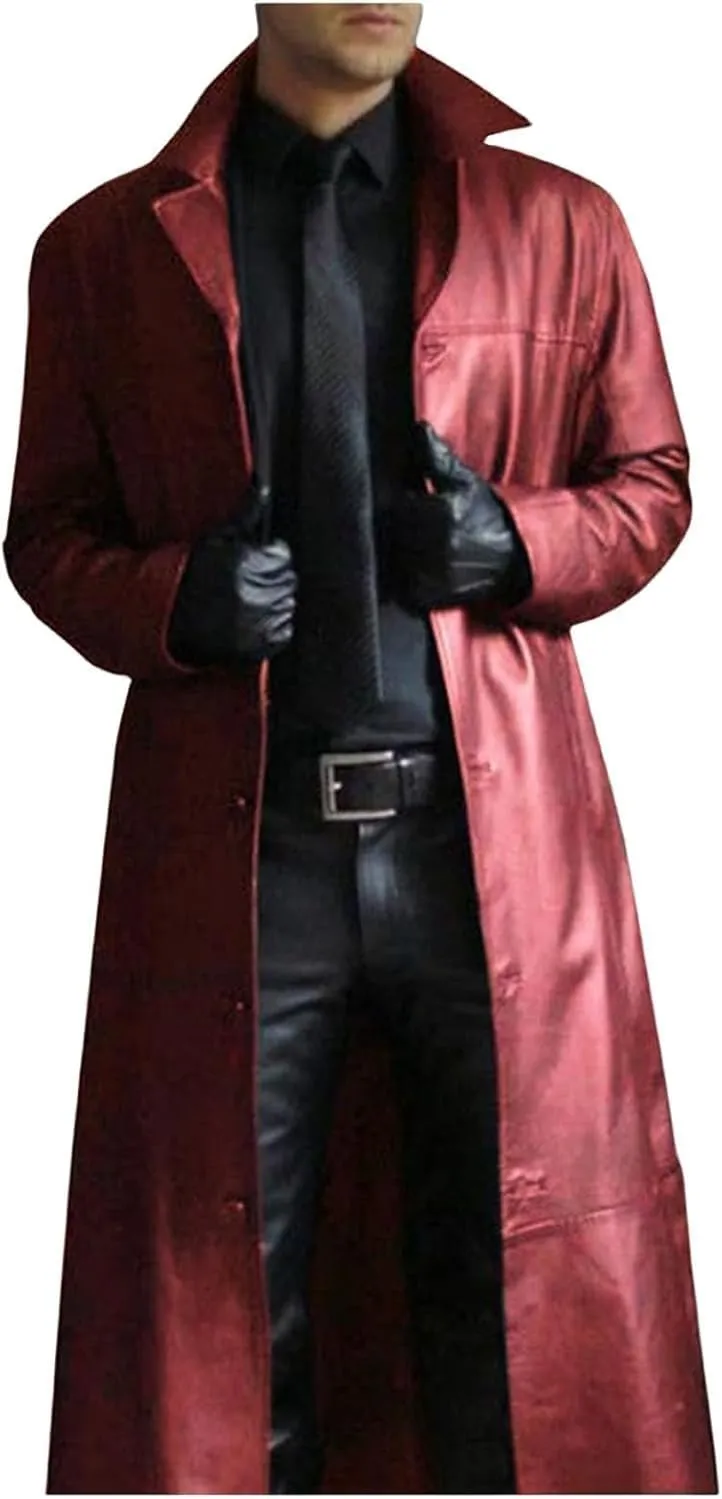 Mens Leather Trench Coat 2025 Full Length Vintage Classic Faux Leather Long Leather Jacket Winter Overcoat
