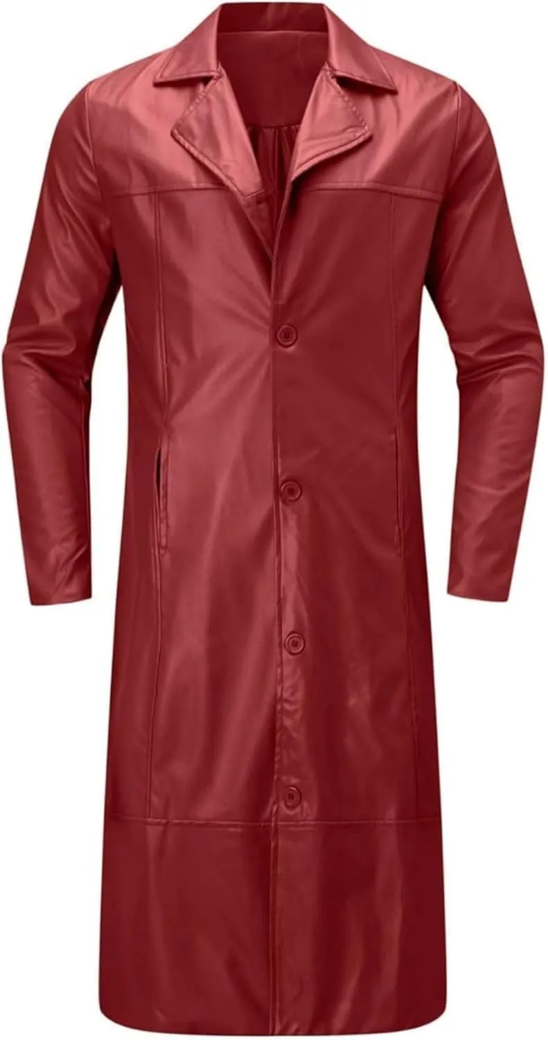 Mens Leather Trench Coat 2025 Full Length Vintage Classic Faux Leather Long Leather Jacket Winter Overcoat