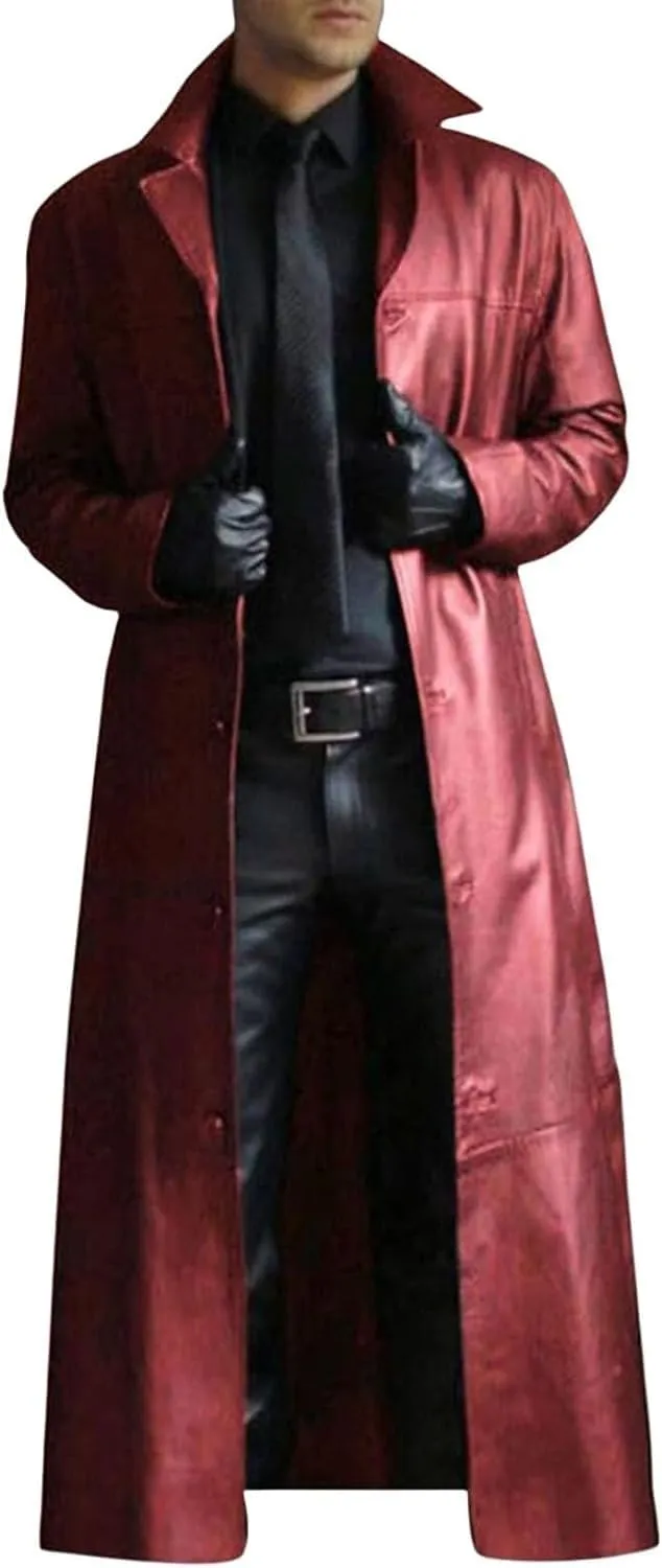 Mens Leather Trench Coat 2025 Full Length Vintage Classic Faux Leather Long Leather Jacket Winter Overcoat
