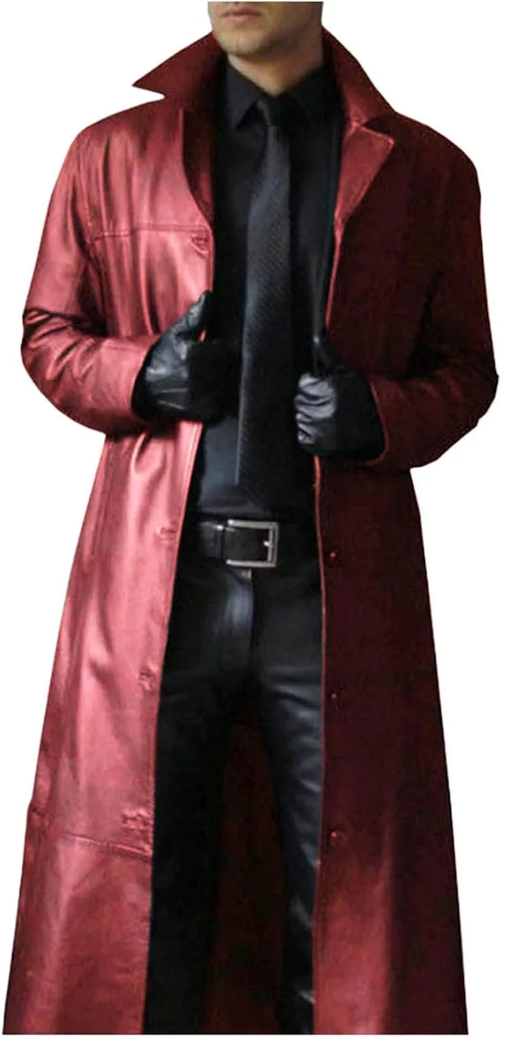 Mens Leather Trench Coat Full Length Vintage Classic Faux Leather Long Leather Jacket Winter Overcoat