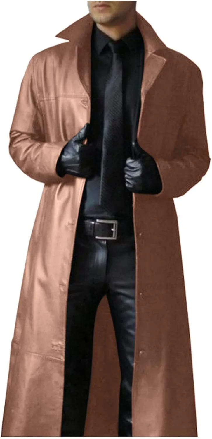 Mens Leather Trench Coat Full Length Vintage Classic Faux Leather Long Leather Jacket Winter Overcoat