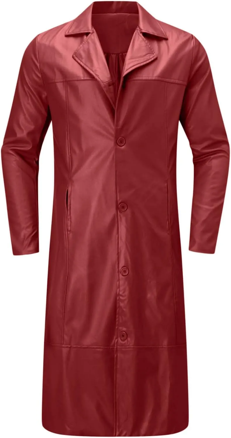 Mens Leather Trench Coat Full Length Vintage Classic Faux Leather Long Leather Jacket Winter Overcoat