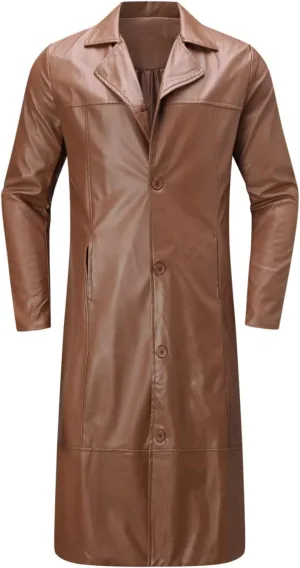 Mens Leather Trench Coat Full Length Vintage Classic Faux Leather Long Leather Jacket Winter Overcoat